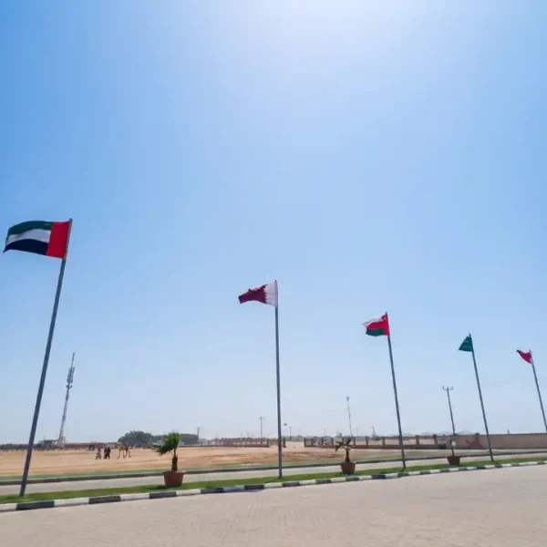 علم تجاري خارجي معلق على جدار مبنى يوضح خيار الطباعة المزدوجة بدقة زاهية