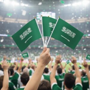 علم السعودية محمول باليد