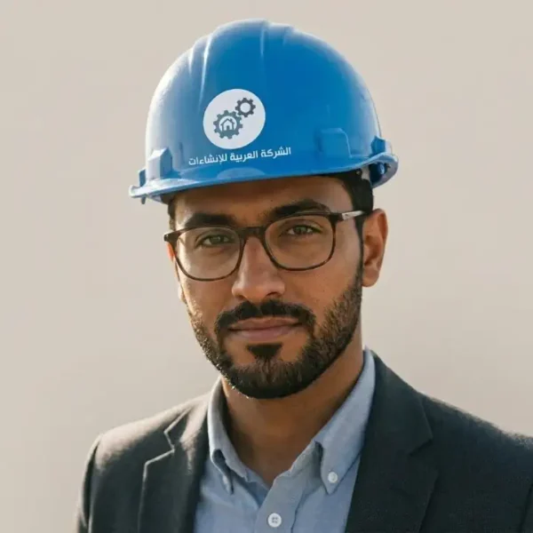 خوذة سلامة مخصصة في بيئة عمل هندسية مع شعار سهل شوب